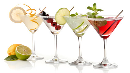 A Row of Colorful Cocktails in Martini Glasses – Elegant Drink Presentation on White Background

