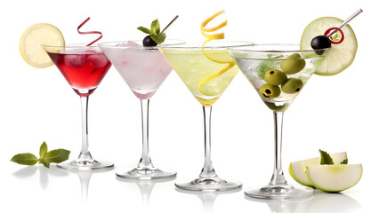 A Row of Colorful Cocktails in Martini Glasses – Elegant Drink Presentation on White Background

