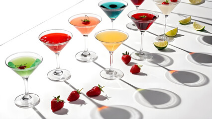 A Row of Colorful Cocktails in Martini Glasses – Elegant Drink Presentation on White Background


