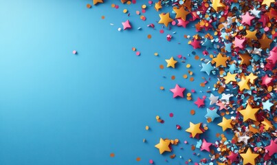 Celebration and colorful confetti party on blue abstract background, high resolution