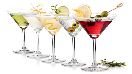 A Row of Colorful Cocktails in Martini Glasses – Elegant Drink Presentation on White Background

