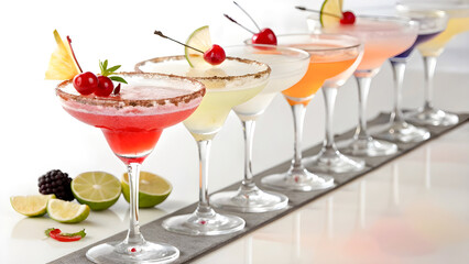 A Row of Colorful Cocktails in Martini Glasses – Elegant Drink Presentation on White Background

