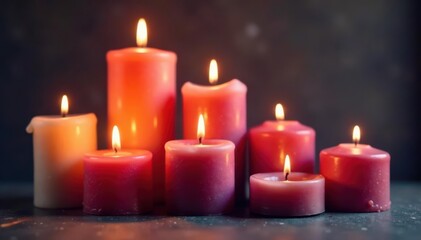 Several candles of different heights and types, arranged artfully, high angle, different sizes