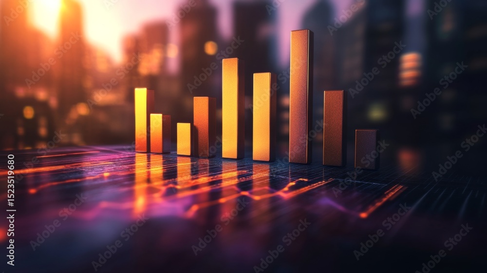 Poster abstract matte d bar graph with staggered heights, against a blurred studio backdrop with moody ligh