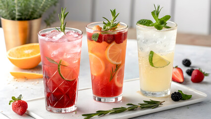 A Row of Colorful Cocktails in Martini Glasses – Elegant Drink Presentation on White Background

