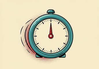 Retro teal alarm clock showing twelve o'clock, pixel art style, beige background, red and white halftone effect.