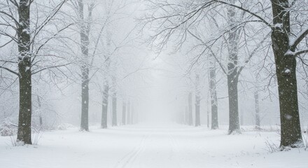 Serene Winter Wonderland: Snow-Covered Trees in a Tranquil Forest Path