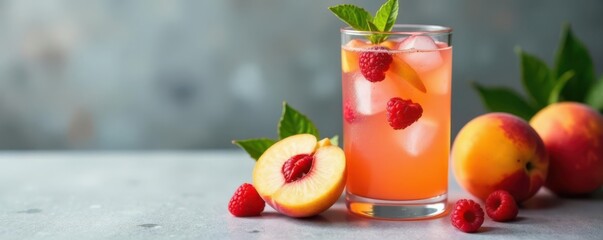 Sparkling peach lemonade with raspberries, grey tabletop, grey, background, fresh