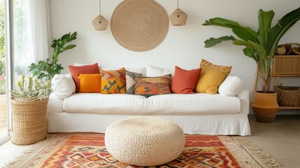 Bright living room with white sofa, colorful pillows, round pouf, woven lights, and indoor plants.