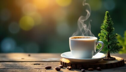 Obraz premium Steaming coffee beside miniature fir tree on rustic wood , design, image, tree