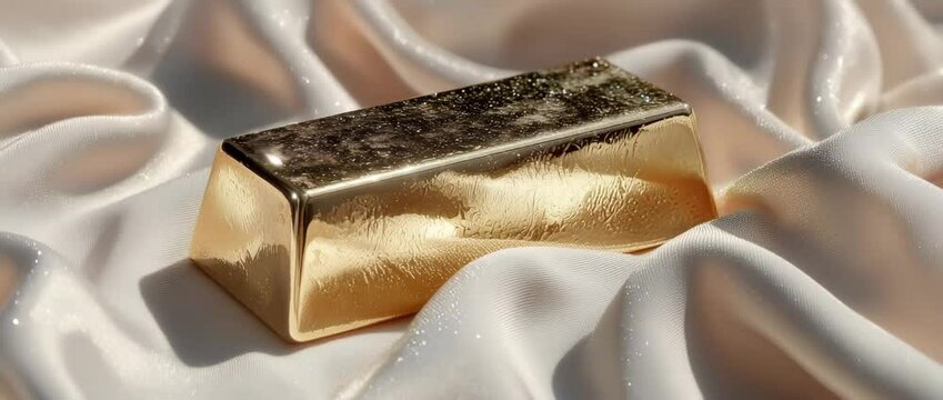 Golden bar gleaming on white satin with glittering reflections in soft sunlight, slowly rotating to reveal textured surface and specular highlights.