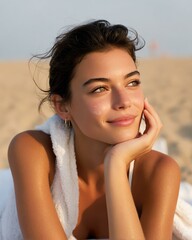 beach skincare moment A young woman enjoying a peaceful moment on the beach, radiating happiness and tranquility under the sun.