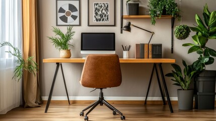 Minimalist workspace with wooden desk, brown chair, and vinyl-inspired wall art. Soft lighting and a plant add calm, retro charm
