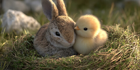 Fototapeta premium Bunny and Chick A Touching Moment in Natures Embrace