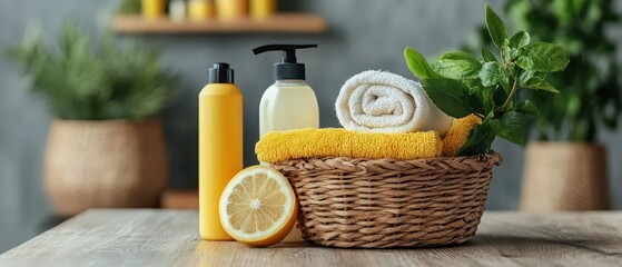 Set of natural products cleaning and washing products in wood basket on table