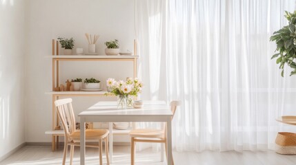 Simple dining space with white table, soft decor, flowers, shelf with plants, and sheer curtains. Natural light brings a warm glow