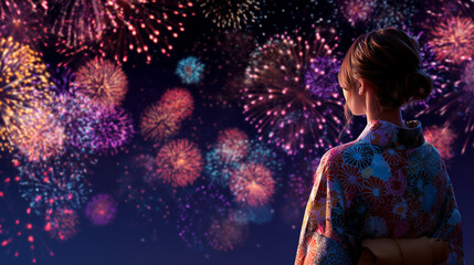 Background of a woman in a yukata with beautiful fireworks