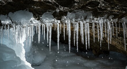 Frozen spectacle, icicles clinging to rock formation creating a winter wonderland
