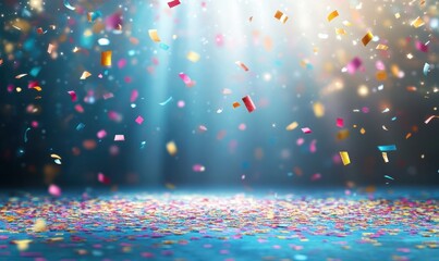 empty space for present product with Celebration and colorful confetti party on blue abstract background