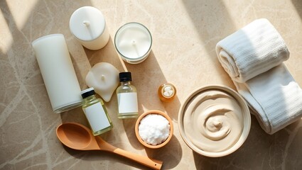 Naklejka premium Serene Spa Day Luxurious Candles, Oils, and Creams for Relaxation