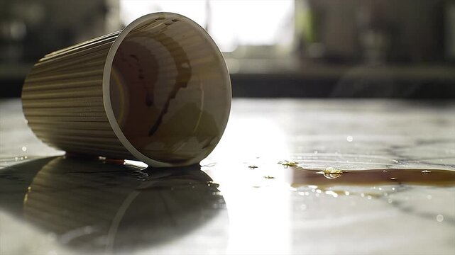 Spilled Coffee Cup Dark Liquid on Marble Countertop Mess Reflection Close-Up Steam