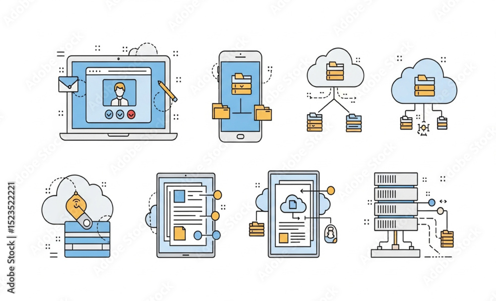 Poster cloud computing and data management icons | vector illustration set for technology, software, and ne