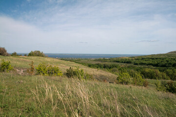 View of the Volga River and blooming fields, Samara region, Russia.