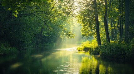 Obraz premium A serene river flowing through a lush green forest at dawn.