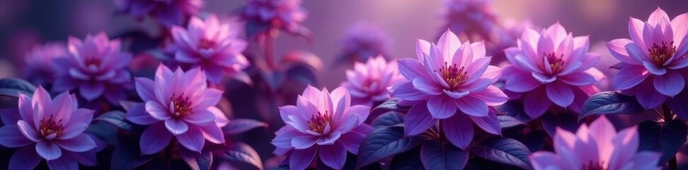 Dense purple blooms nestled in layered purple foliage , flower bed, close-up