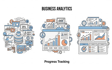 Naklejka premium Business Analytics and Progress Tracking Line Art Vector Icons | Data Visualization for Reports, Presentations, Dashboards, and Business Intelligence Applications