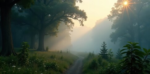 Thick fog blankets a primeval woodland, obscuring sunlight, nature, atmosphere, woodland