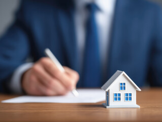 property loan mortgage qualification home concept. Miniature house model with a person writing in the background.