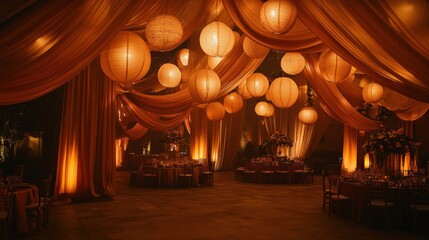 Obraz premium An elegant event space with paper lanterns and draping fabric