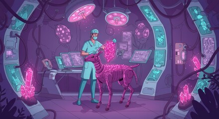 Advanced veterinary facility featuring robot animal patient and surgical care