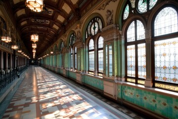 Obraz premium Elegant hallway with sunlight pattern and ornate architecture