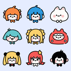 Fototapeta premium Cartoon animal hoodie girl and mascot in kawaii chibi face expression, cute icon vector with smile.