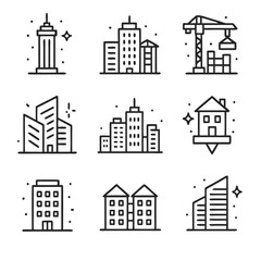 Building icon nine line drawings of various buildings ideal for architectural projects. Suitable for websites, presentations, and print designs.
