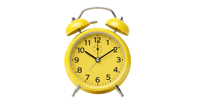 Ai generated image of a cheerful yellow alarm clock, isolated on transparent background, displays the time with bright, bold numbers