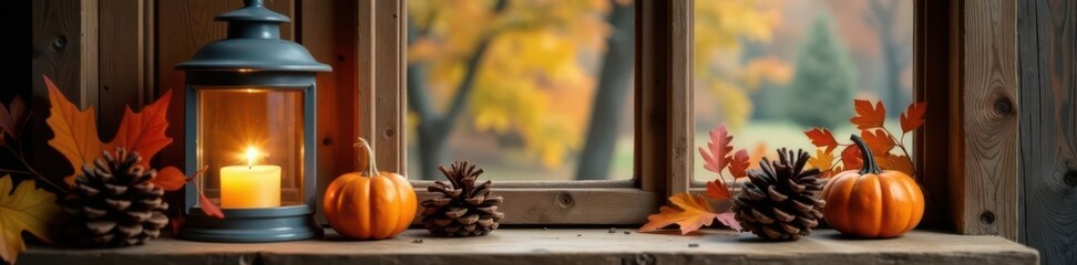 Rustic wood window frame, lantern, pine cones, autumn decor, photography, backdrop, rustic