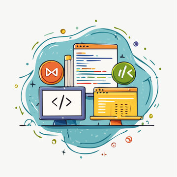 Minimalist Illustration of Popular Coding Languages HTML, CSS, JavaScript, Python, and Web Development Concepts