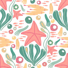 Tropical Coral Reef Seamless Underwater Pattern with Fish and Seaweed