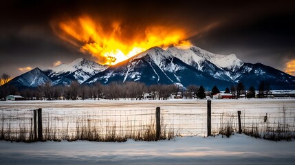 Winter sunset rural mountain landscape scene