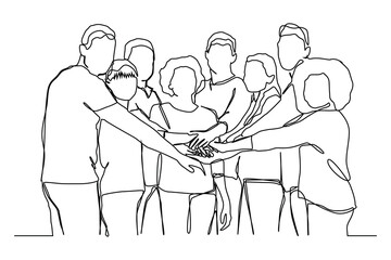 Continuous one line art of group of women and men stands with their hands together.