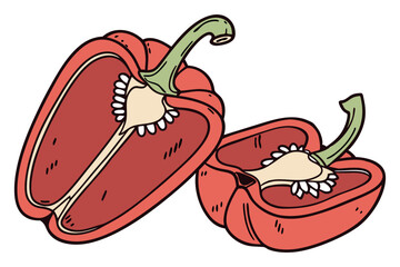 Hand-drawn vector illustration of a sliced red bell pepper, showcasing vibrant colors and intricate details, emphasizing freshness and culinary appeal for food-related designs