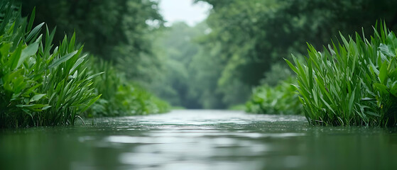 Naklejka premium Green Lush River Path In Forest During Rainy Season