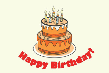 A two-tiered birthday cake with orange frosting and white icing. Four colorful candles are lit on top. The background is light cream.
