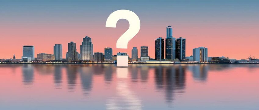 City skyline at dusk with stylized question mark fading into pixel particles over water reflection, wide shot, surreal digital composition, steady lock-off camera