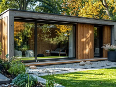 Long wide-angle video shot of a solar powered home with a green conservative scenery, beautiful peaceful wildlife, energy innovation