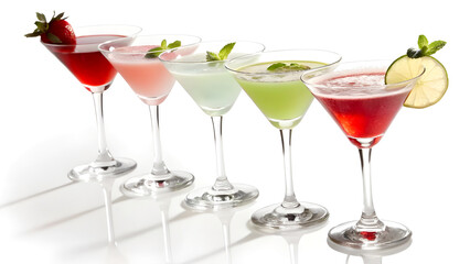 A Row of Colorful Cocktails in Martini Glasses – Elegant Drink Presentation on White Background

