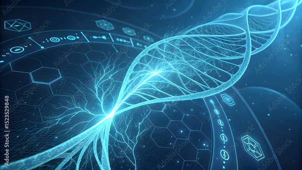 Poster illuminated dna helix with branching structure and geometric shapes on a dark blue background